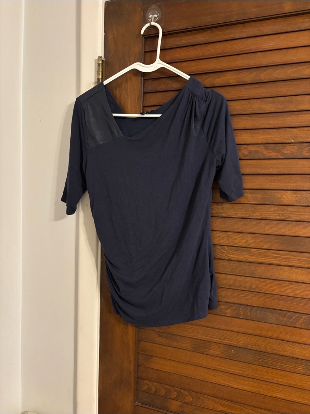 INC International Concepts Navy Draped Short-Sleeve Top with Shoulder Detail